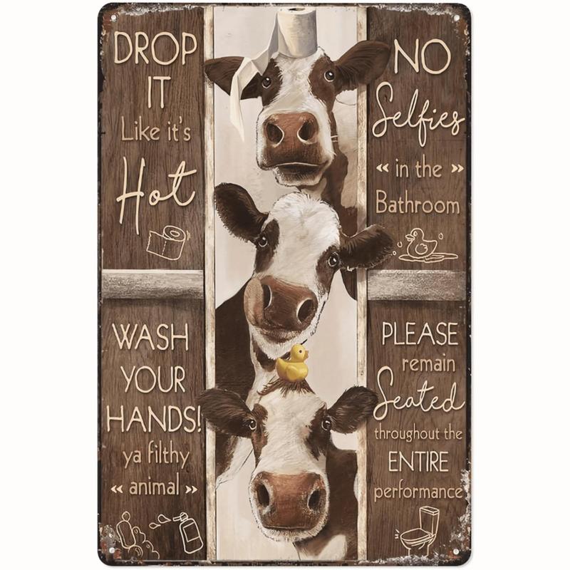 Humorous Farmhouse Bathroom Wall Art With Funny Cow Themed Toilet Rules Tinplate Decoration For Home Office Or Classroom Animal Design Vibrant Cartoon Design