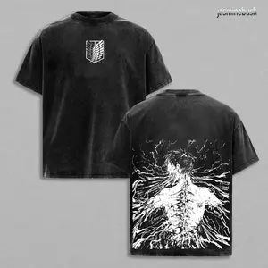 Retro Vintage Limited The Founding Titan Eren Yeager - Attack On Titan Anime Double Printed Washed Tee Unisex Oversize Anime Manga Acid Washed Lightweight Cotton T-Shirt