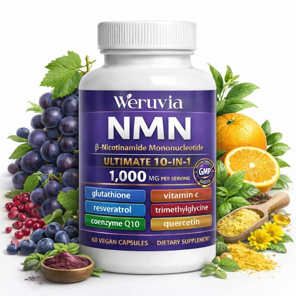 Weruvia Summervibes NMN 1000mg + CA AKG Biotin MSM Complex Health Vitamin Dietary Supplement - NAD+ Booster, Anti-Aging, Skin Care & Cellular Health Support, Resveratrol, CoQ10, Hyaluronic Acid - 60 Vegan Capsules, Biotin Vitamins Supplements