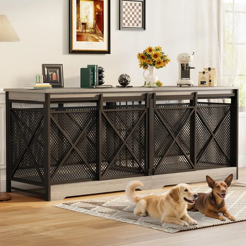 COZPAW 78" Dog Crate Furniture for 2 Dogs,Extra Large Breed Double Chew-Resistant Indoor Pet House, Enclosure Enclosed Heavy Duty Wooden XXL Large Kennel, Furniture Style XL Dog Cage, Max 300lbs Capacity (Grey)
