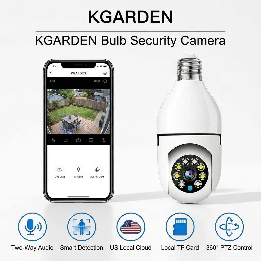2PCS Kgarden Light Bulb Security Camera -2.4GHz/5GHz WiFi, Indoor Outdoor Surveillance Monitoring Camera for Home, 360° Pan/Tilt, Color Night Vision, Built-In LED & Spotlight, Easy Installation