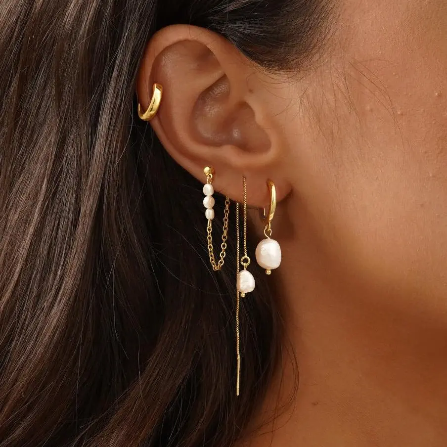 Women's Dainty Gold Pearl-Plated Earring Stacking Set - Pearl Hoops, Chain Sway, Threader Earrings for Multiple Piercings, Hypoallergenic Adult Costume Jewelry