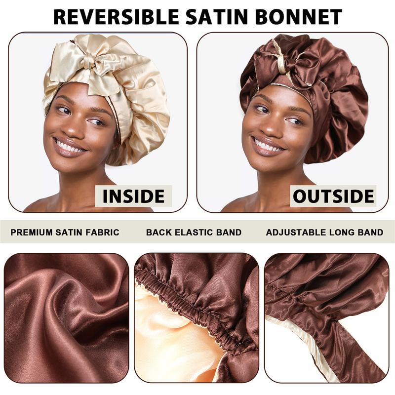 Double-Layer Solid Color Satin Bonnet Sleep Cap for Women Curly Hair Wrap for Sleeping Cap Adjustable Reversible Bonnet with Tie Band Night Cap