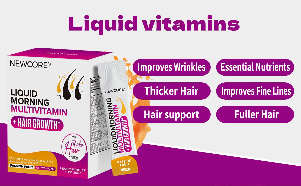 NEWCORE | Hair Growth Multivitamin & Liquid Supplement for Men & Women – Clinically Tested for Thicker Hair & Radiant Skin, Vegan Formula with Biotin, Zinc, MSM,Sesbania Leaf Extract & Vitamins A-E – 30 Daily Liquid Sachets (1-Month Supply)