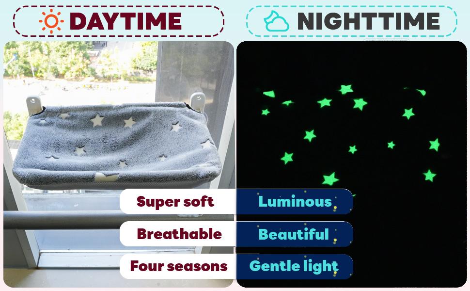 POMESEA Glowing Cat Window Bed,Cat Window Perch for Large Cats,Hammock with Hook Design,Glow in The Dark,Double-Sided Fabric Cover, Foldable Window Seat