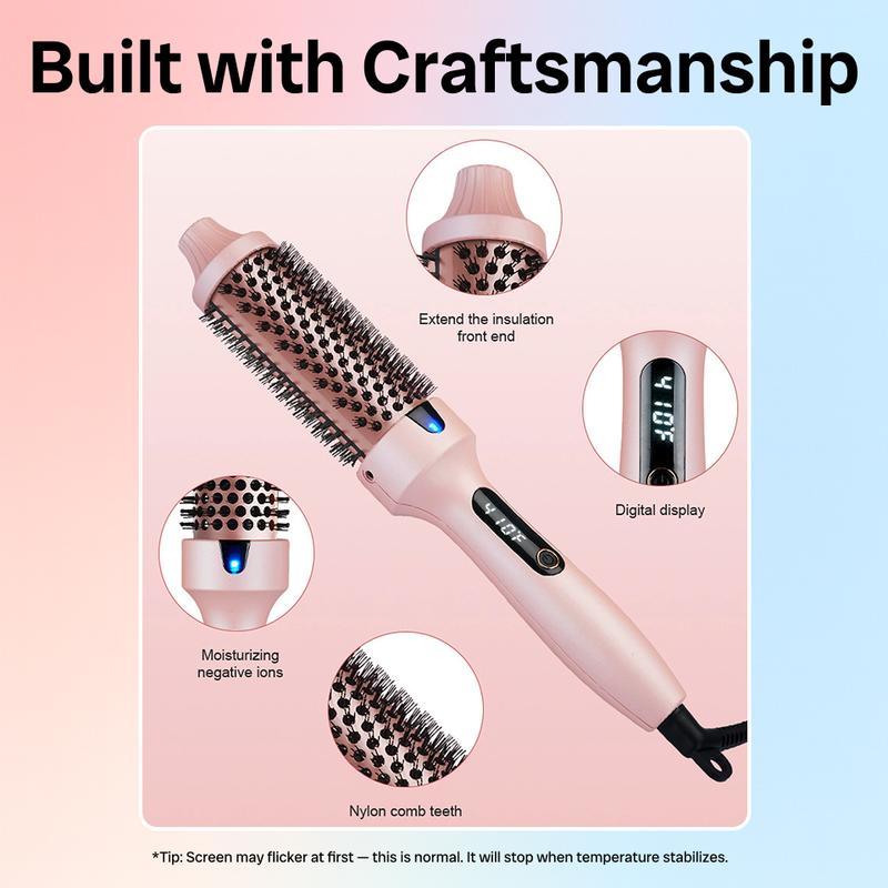 Thermal Brush, Blowout Wavy Boost 1.5 inch Heated Round Brush Look with  LED Display, Dual Voltage, Pink, Less Damage,  Hair Heated Curler Brush,Negative Ions Single,for wavy hair,hairstyling,long-lasting wave,Curling Irons,Detangler Straightening