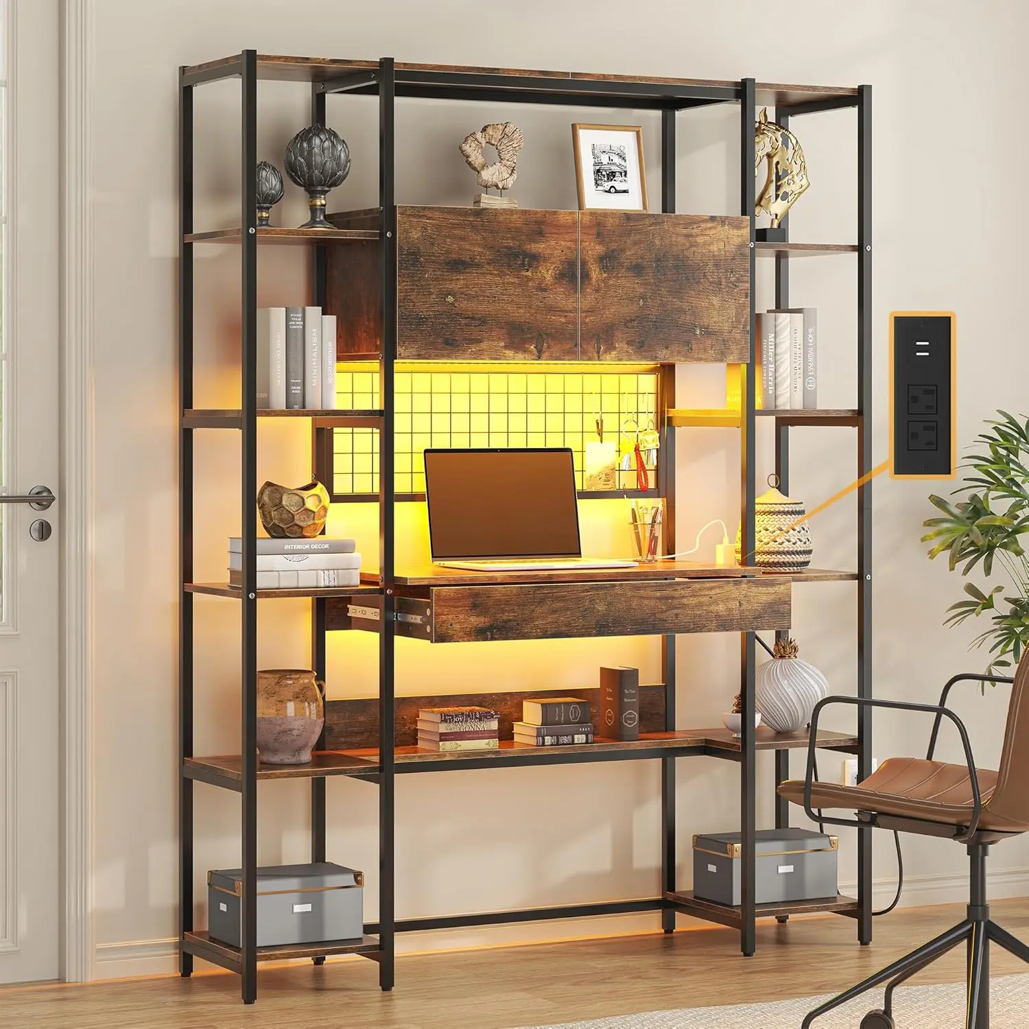 5 Tiers Rustic Bookshelf with Home Office Desk and RGB Lights and Power Outlet, 71.1" Tall Book Shelf with Drawer & Storage Cabinet & 12 Storage Shelves, Large Bookcase with 2 Doors