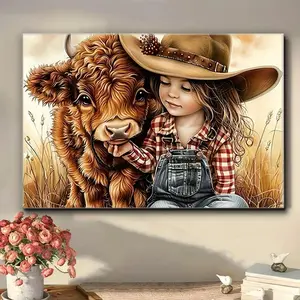 1 Unique Rustic Farmhouse Wrapped Wooden Frame Canvas Art Print - Highland Cow & Girl Wall Decor, 1.5" Thick Vintage Scottish Cow Painting for Home, Kids Room, Kitchen, Bathroom, Office - Farmhouse Style Inspirational Poster with Adorable Girl & Fl