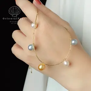 NC27-Fairy Tears Natural Seawater Pearls Necklace Akoya in Feather Gold Baby Blue White Color Genuine Saltwater Pearls Necklace Teardrop Starry Design 5 Pearls Necklace