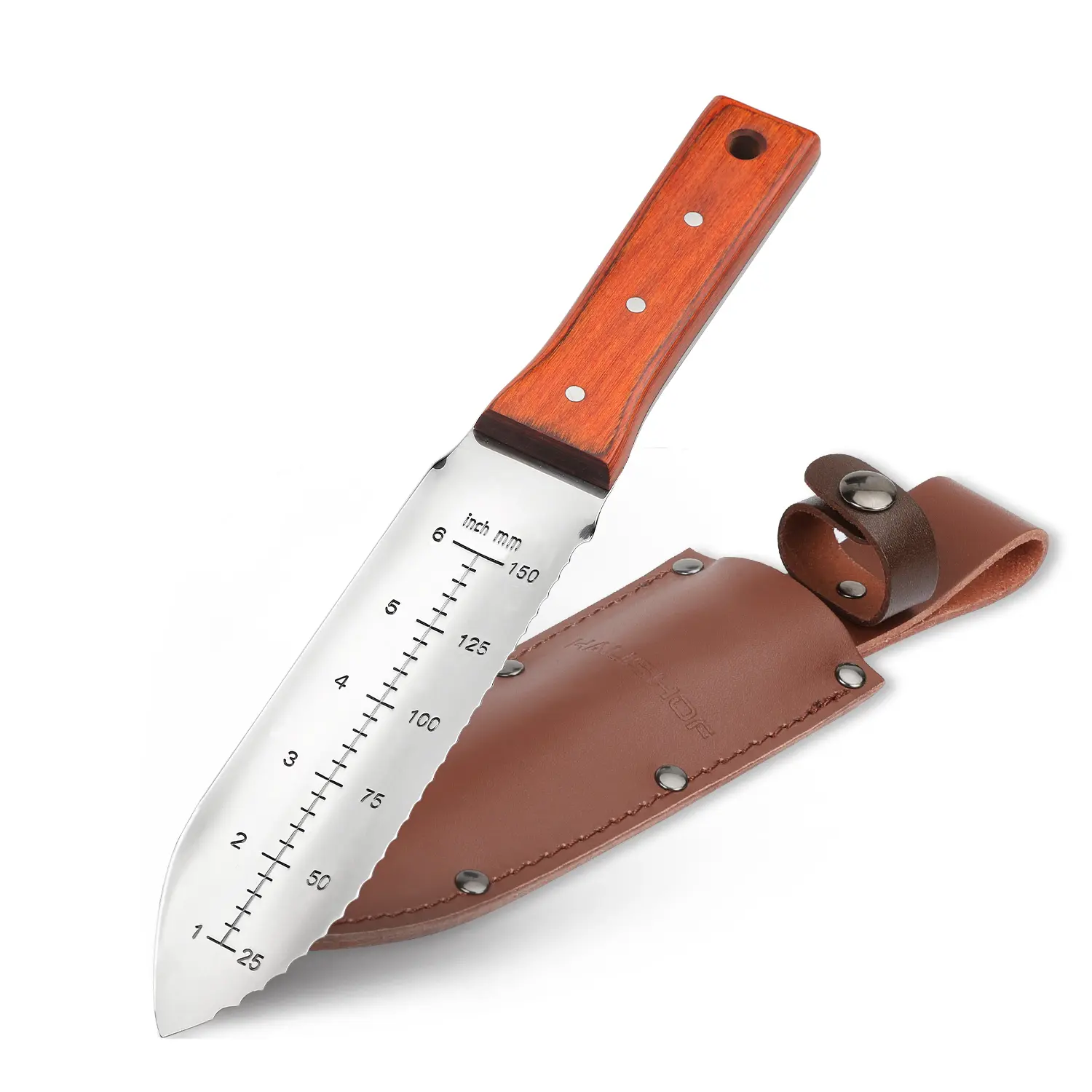 #summersale HAUSHOF Hori Hori Garden Knife 7”Stainless Steel Serrated Blade with Cutting Edge, Gardening Tool with Leather Sheath for Weeding, Planting, Digging, Wood Handle with Hanging Hole