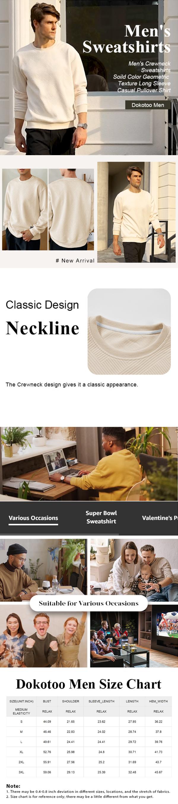 Dokotoo Men Men's Crewneck Sweatshirts Soild Color Geometric Texture Long Sleeve Casual Pullover Shirt