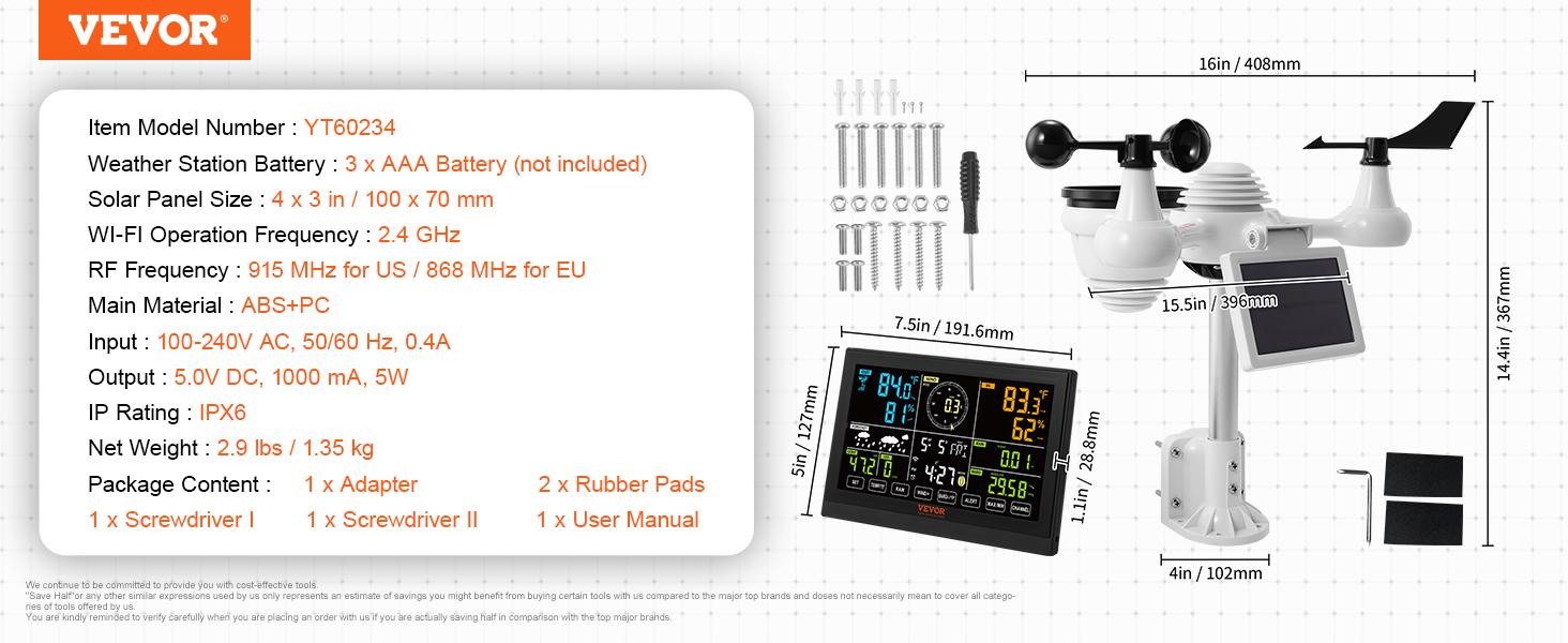 VEVOR 7-in-1 Wi-Fi Weather Station, TikTokShopBlackFriday, 7.5 in Color Display, Home Weather Station Indoor Outdoor, with Solar Wireles  VEVOR Super Brand Days Outdoor Sensor Alarm Alerts, for Temperature Humidity Wind Speed/Direction Rain