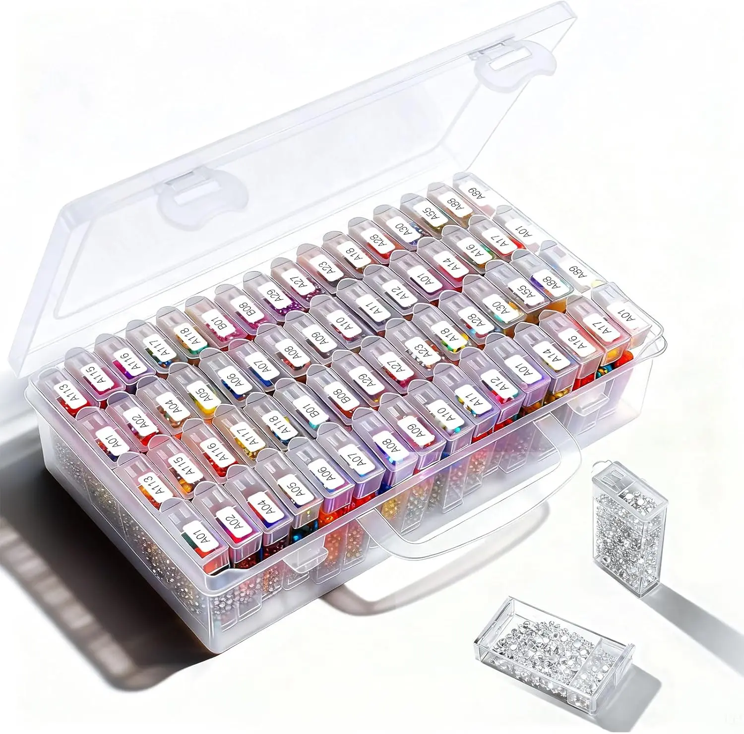 64 Grid Diamond Painting Storage Containers Diamond Art Accessories Tool Box Craft Storage with Adjustable Dividers for Beads, Art DIY, Crafts, Jewelry, Plastic Organizer with Label Stickers