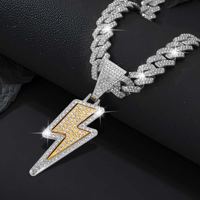 Bling Lightning Bolt Necklace Thick Cuban Link Chain Rapper Hip Hop Costume Jewelry with Sparkly Lightning Charms for Men Women Hip Hop Jewelry
