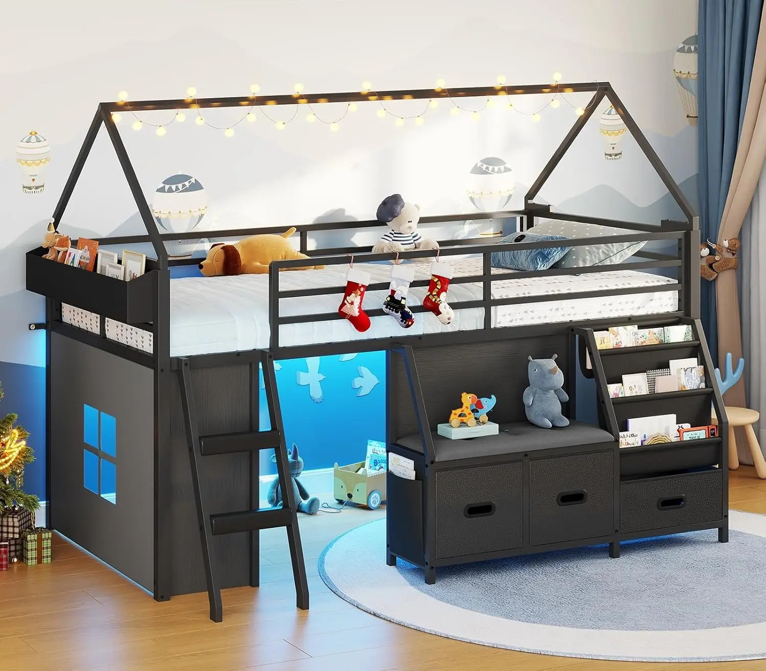 [SummerSale] Sikaic Twin Size Low Loft Bed with Bookshelf, LED Lights & 3 Storage Drawers, Metal Loft Bed Frame with Safety Guardrails, Inclined Ladder, Under-Bed Space & Curtain, Space-Saving, Black, Home Furniture, Dorm Essentials