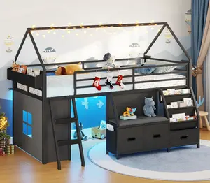 Sikaic Low Loft Bed Twin Size with Bookshelf, Reading Nook, LED Kids Loft Bed with 3 Drawers, Under-Bed Play Space, House Loft Beds with Safety Guardrail, Inclined Ladder & Play Curtain