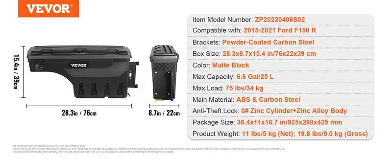 VEVOR Truck Bed Storage Box, TikTokShopBlackFriday, Lockable Swing Case with Password Padlock, 6.6 Gal/25 L ABS Wheel Well Tool Box, Waterproof and Durable, Compatible with Ford F-150 2015-2021, Drivers Side