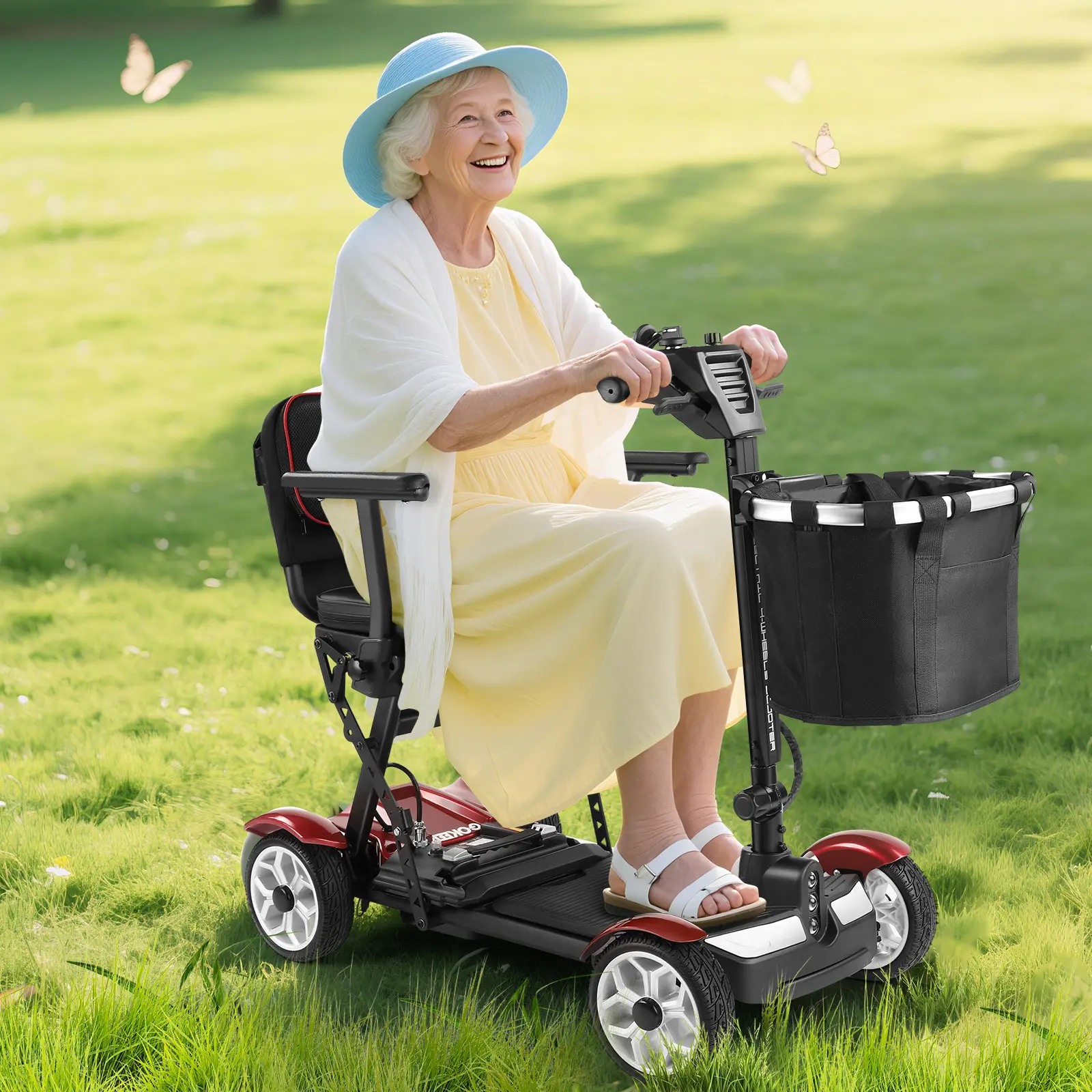 Unisex 4-Wheel Foldable Portable Electric Mobility Scooter for Seniors, 35-mi Range, Detachable Battery, Front Storage Basket, LED Lights, Max 300lbs Capacity, Aluminum Frame, Adjustable Speed Dial, Parking Brake, Outdoor Trips Mobility Aid, Multifunction