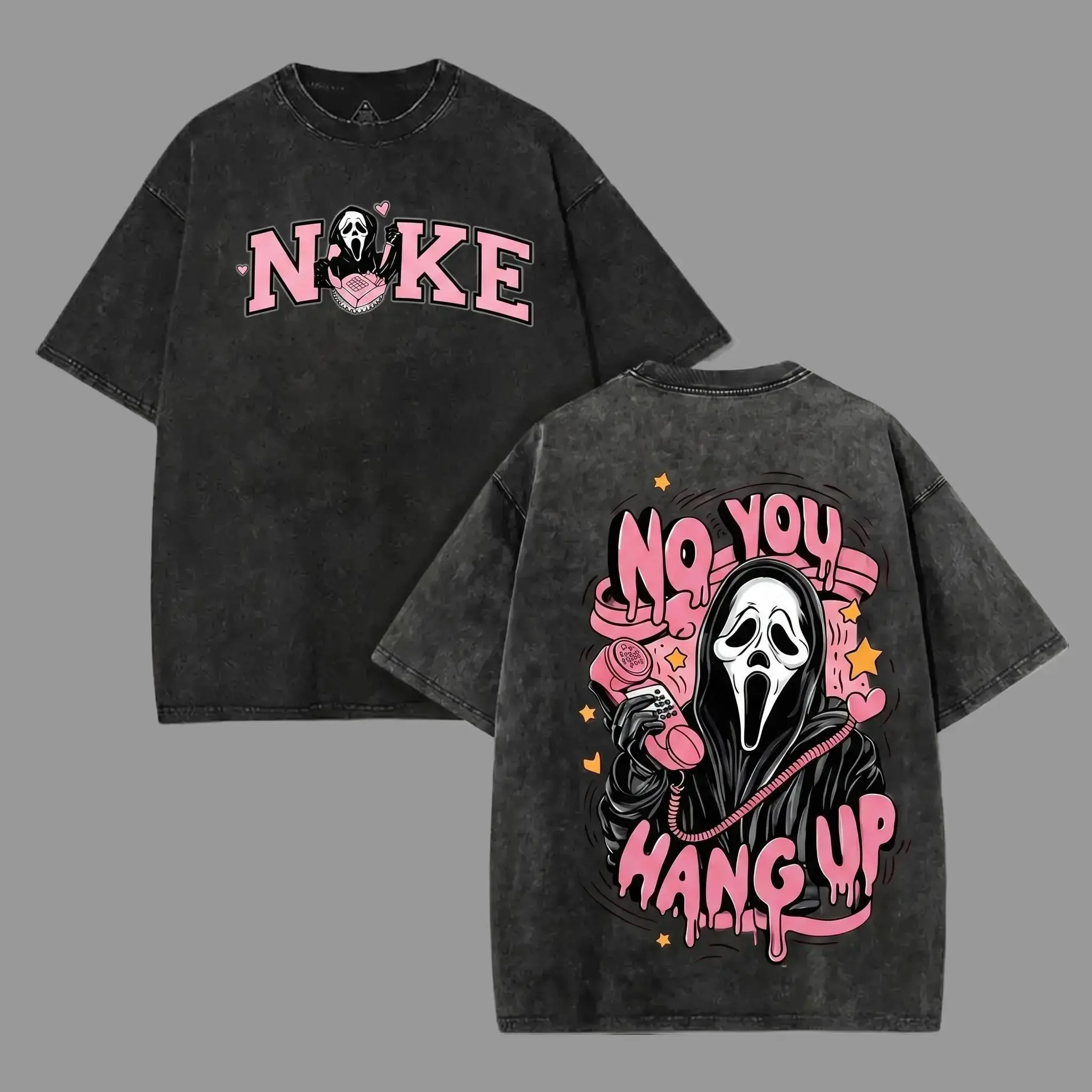 Vintage Acid Wash "No You Hang Up" Graphic Tee | Creepy Cute Ghost Oversized Shirt | 100% Cotton Y2K Parody Streetwear short-sleeved t-shirt men cottontees top vintage menswear loose fit summer casual shirt