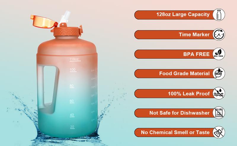 GOPPUS 128 oz Gallon Water Bottle With Time Marker Big Water Bottle Motivational 1 Gallon Water Bottle With Straw Large Water Bottle Water Jug With For Drinking, 2 Lids(Straw/Chug Lid),BPA Free,Weekly Pick Sale
