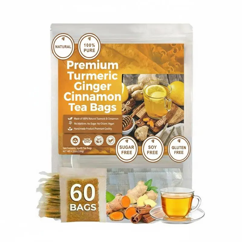 60 Premium Turmeric Ginger Cinnamon Chinese Herbal Tea Bags - Decaf, Caffeine-Free, No Sugar, No Gluten, Vegan, Eco-Conscious, Natural Ingredients, Supports Digestion, Brain Health