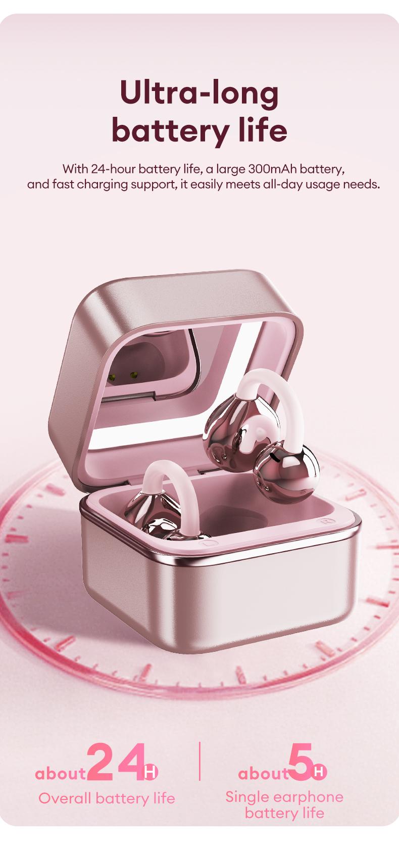 PAXA M161 Stylish Clip-On Wireless Headphones with Bluetooth 6.0, Built-In Makeup Mirror & Fill Light, Hi-Definition Sound, Low-Power Stable Connection, Audio Earbuds for Music & Phone Calls, Perfect Gift for Girls