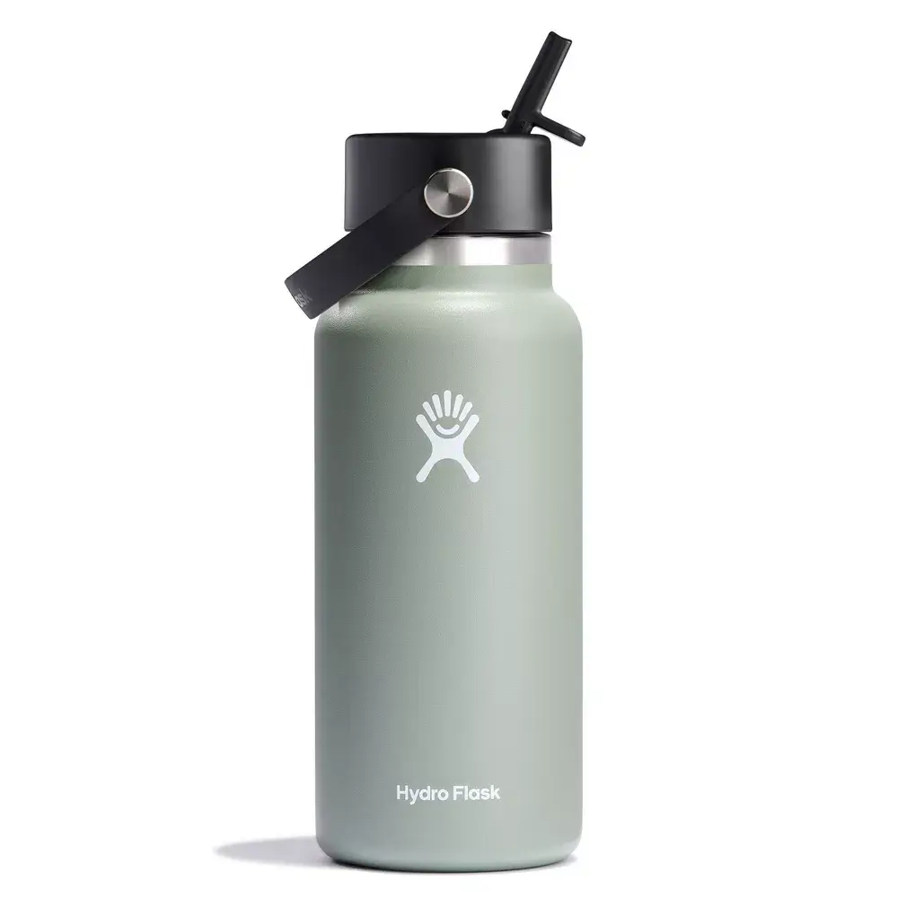 Hydro Flask 32oz Wide Mouth Steel Water Bottle with Leakproof Silicone Flex Straw Lid - Agave, Vacuum-Insulated, BPA-Free, Portable Drink Container
