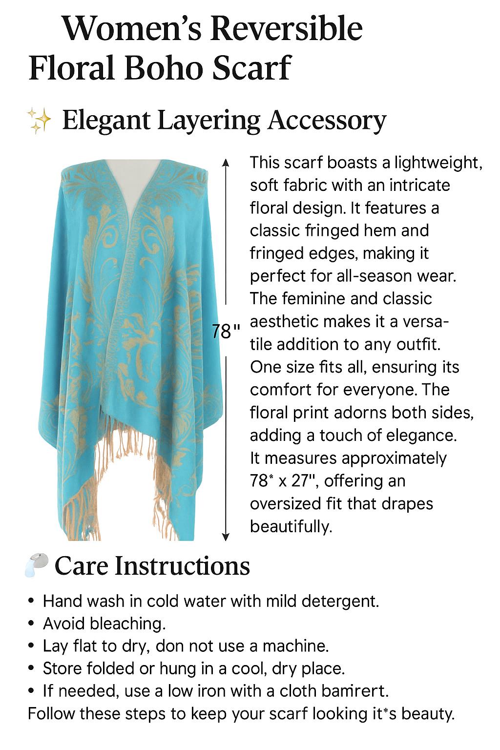 Women's Reversible Floral Boho Scarf - Oversized Shawl with Fringe Details Lightweight Soft Fabric Intricate Floral Design Classic Fringed Hem Elegant Layering Accessory