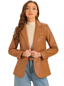 INSPIRE CHIC Faux Leather Blazer Women's Lapel Collar PU Moto Biker Jackets Caramel