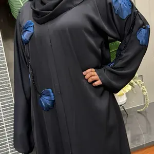 Black Elegant Abaya with Blue Flowers and Beaded Accents for Stylish Wear