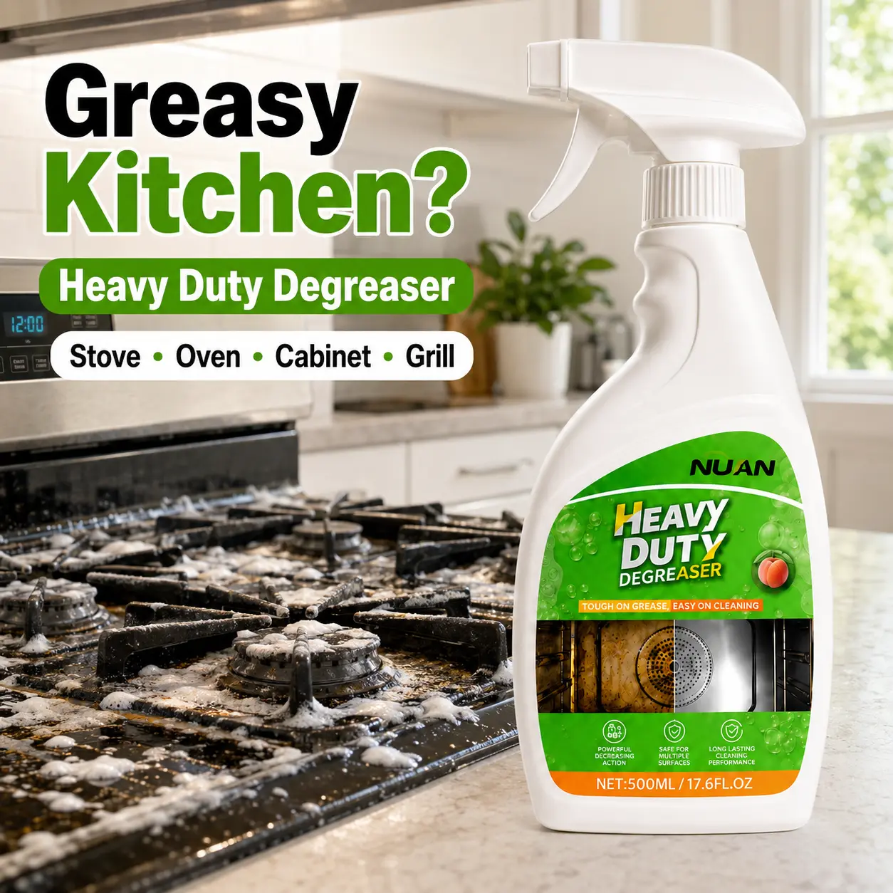 NUAN heavy duty degreaserNUAN Power Spray Multi-Surface Cleaner - Effortless Cleaning with Spray Nozzle & Towel for Kitchen Grease, Oven, Stove, Hood, and Home Surfaces
