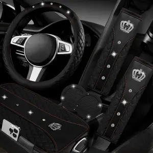 NBTEPEM 6 PCS Bling Car Accessories Set, Leather Steering Wheel Covers Universal 14.5-15 Inch, Center Console Cover, Seat Belt Cushion, Cup Holder Coaster (Black)