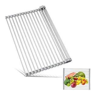 Roll Up Dish Drying Rack Over The Sink, Heavy Duty Stainless Steel Foldable Dish Drainer, Rust-Resistant & Non-Slip Space Saver for Kitchen Counter, Heat Resistant Trivet Mat, 17.5 x 14 Inch