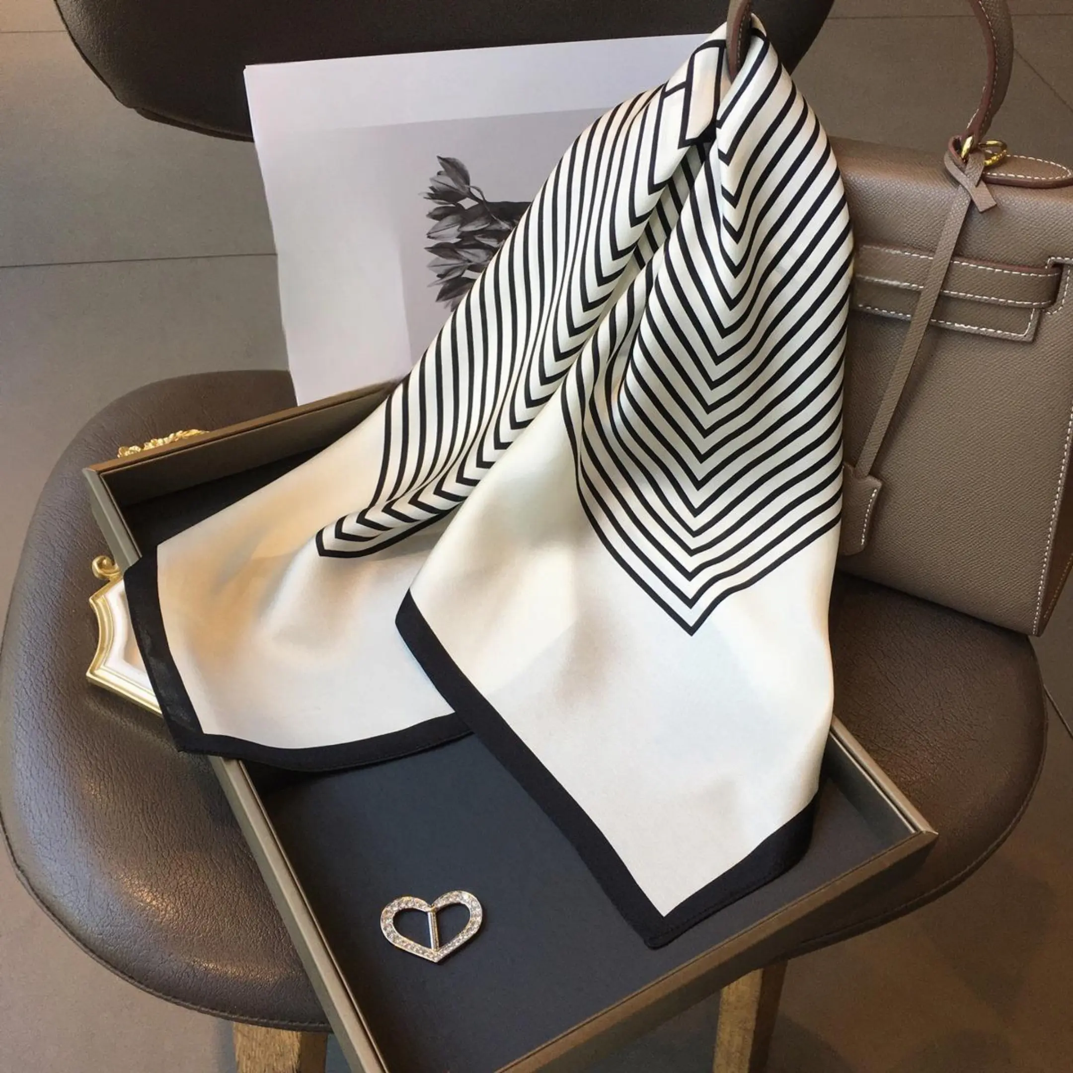 Women's Luxury Silk Scarf, Elegant Black and White Striped Neckerchief, Lightweight All-Seasons Accessory for Business or Casual Wear, Clothes, Black And White Design Neckerchiefs, Female, Breathable, Formal Outfits, Neckscarf, Christmas, Halloween, Ideal