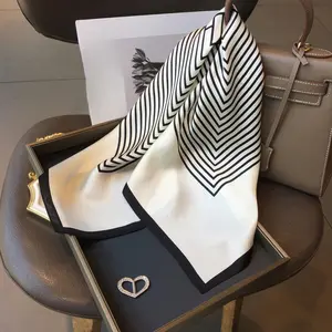 Female Elegant Luxurious Silk Scarf - Black & White Striped, Lightweight & Breathable, All-Season Neckwear for Formal or Casual Outfits, Versatile Fashion Accessory, Ideal Gift for Christmas, Valentine’s Day