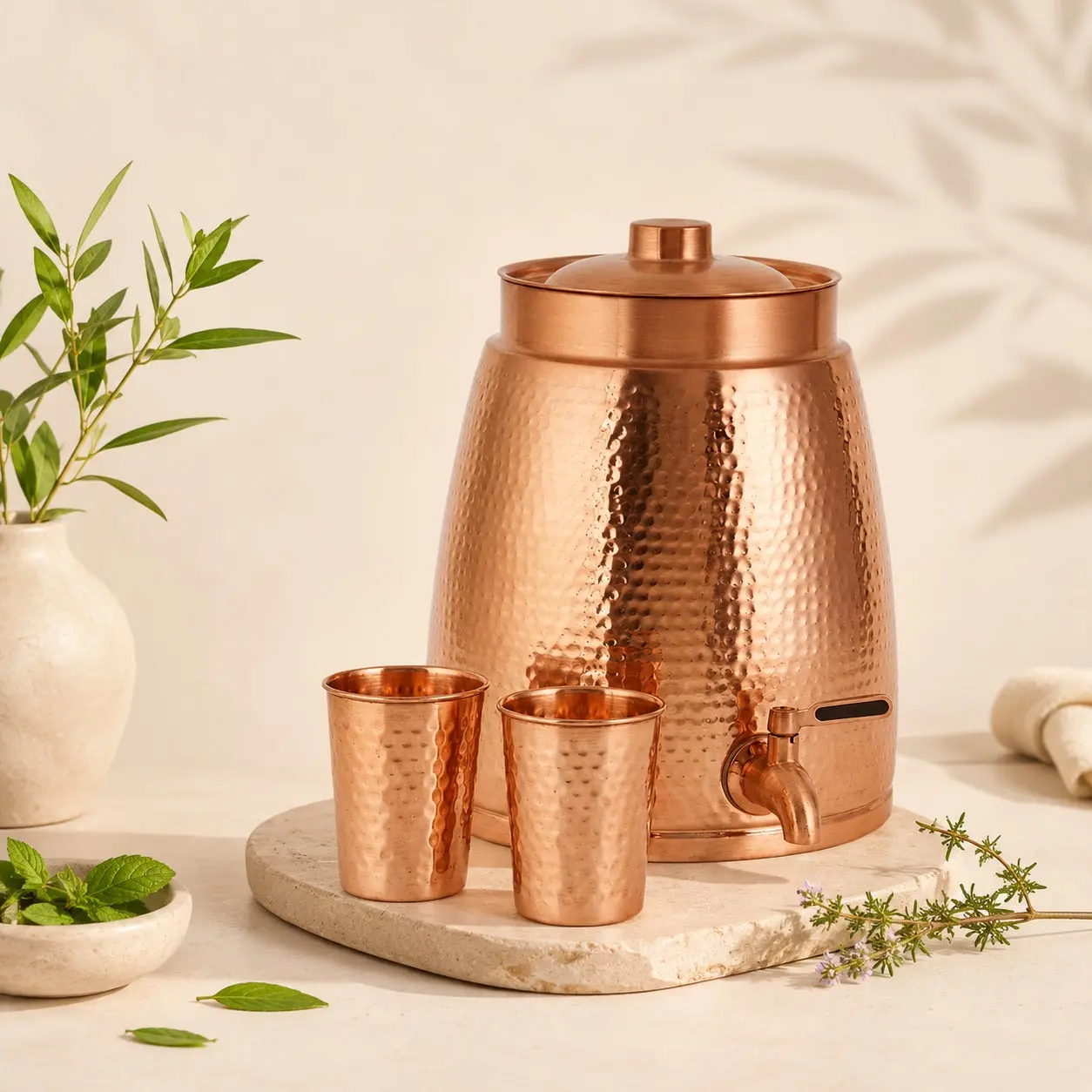 Cleo Copper Water Dispenser with 2 Glasses  | Handcrafted from Pure Copper | 271 Oz