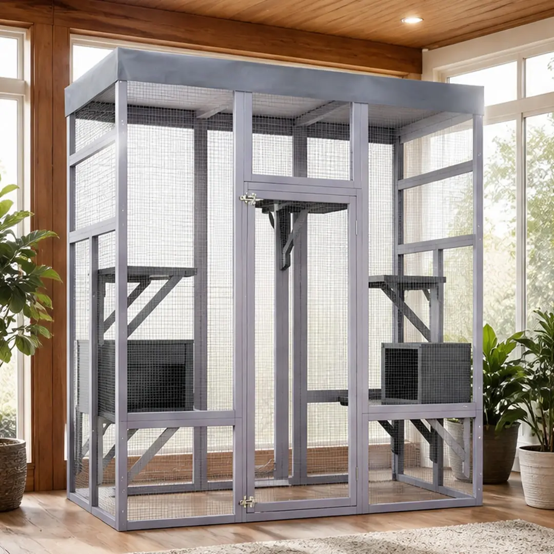 62.6" Enclosed Wooden Catio for Cats - 32.30w x 62.60d x 70.10h in Large Outdoor Secure Pet Cage Shelter with Waterproof Cover, 2 Napping Houses, Platforms, Galvanized Metal Wire, Easy Access Door, Solid Wood Gray (62.83 lb)