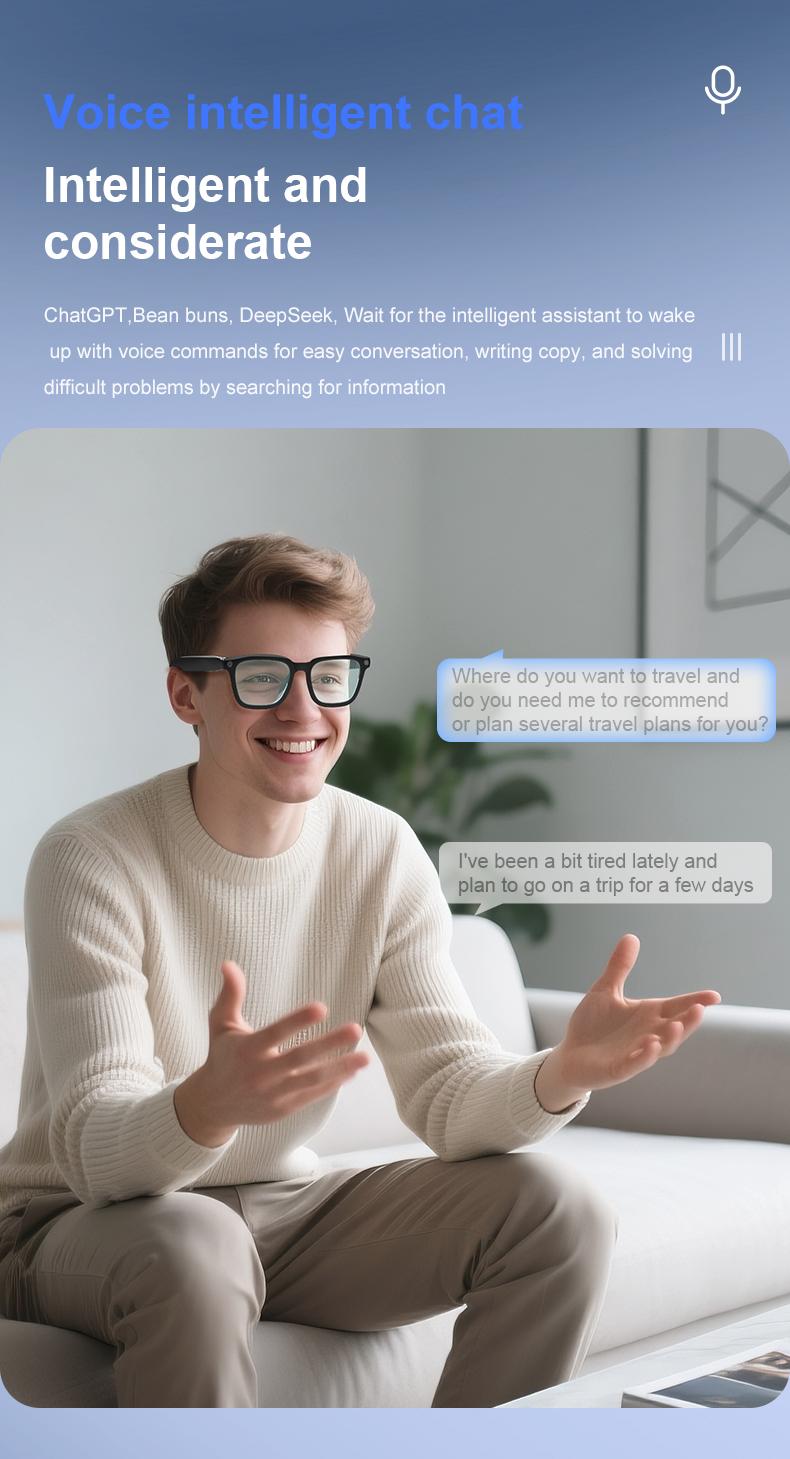 Smart Bluetooth Glasses with Camera, 1080p Video Recording Wearable Glasses, Multifunctional Wireless Audio Glasses with Headphone, Outdoor Sports Camera Sunglasses with Intelligent Voice Assistant, Anti-blue Light Protection Eyeglass