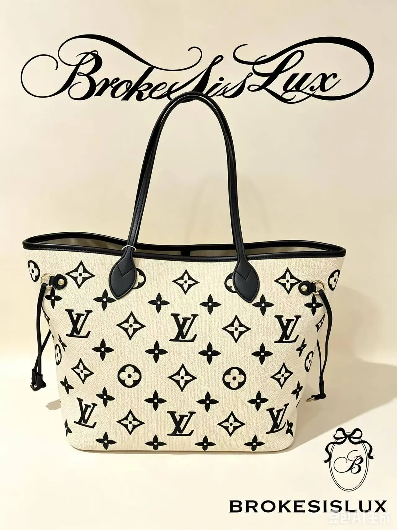 Pre-owned Louis Vuitton Neverfull MM Off White Textured Woven Monogram Everyday Tote Bag, Black Calfskin Handle & Trim Accents, Adjustable Side Drawstrings