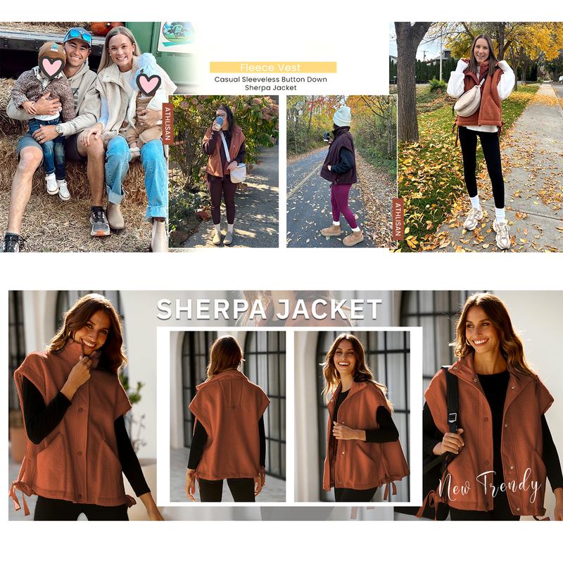 Buenoble Women's Oversized Fleece Vest Cozy Sherpa Sleeveless Jacket with High Neck Side Ties Snap Buttons Fall Winter Casual Outerwear