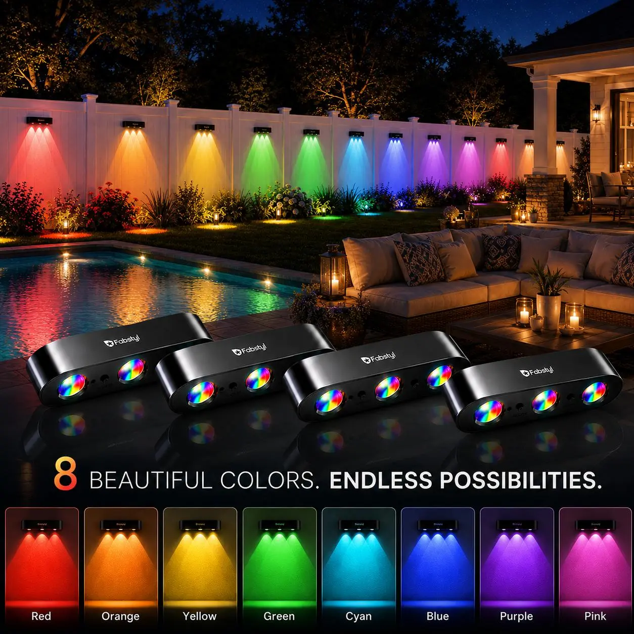 FabStyl Affordable Solar Outdoor Lights - RGB Sync, Warm White, Synchronized Color Control, Auto On/Off, IP65 Rated, Water Resistant, Batteries Included, Outdoor Landscape Lights for Fence, Deck
