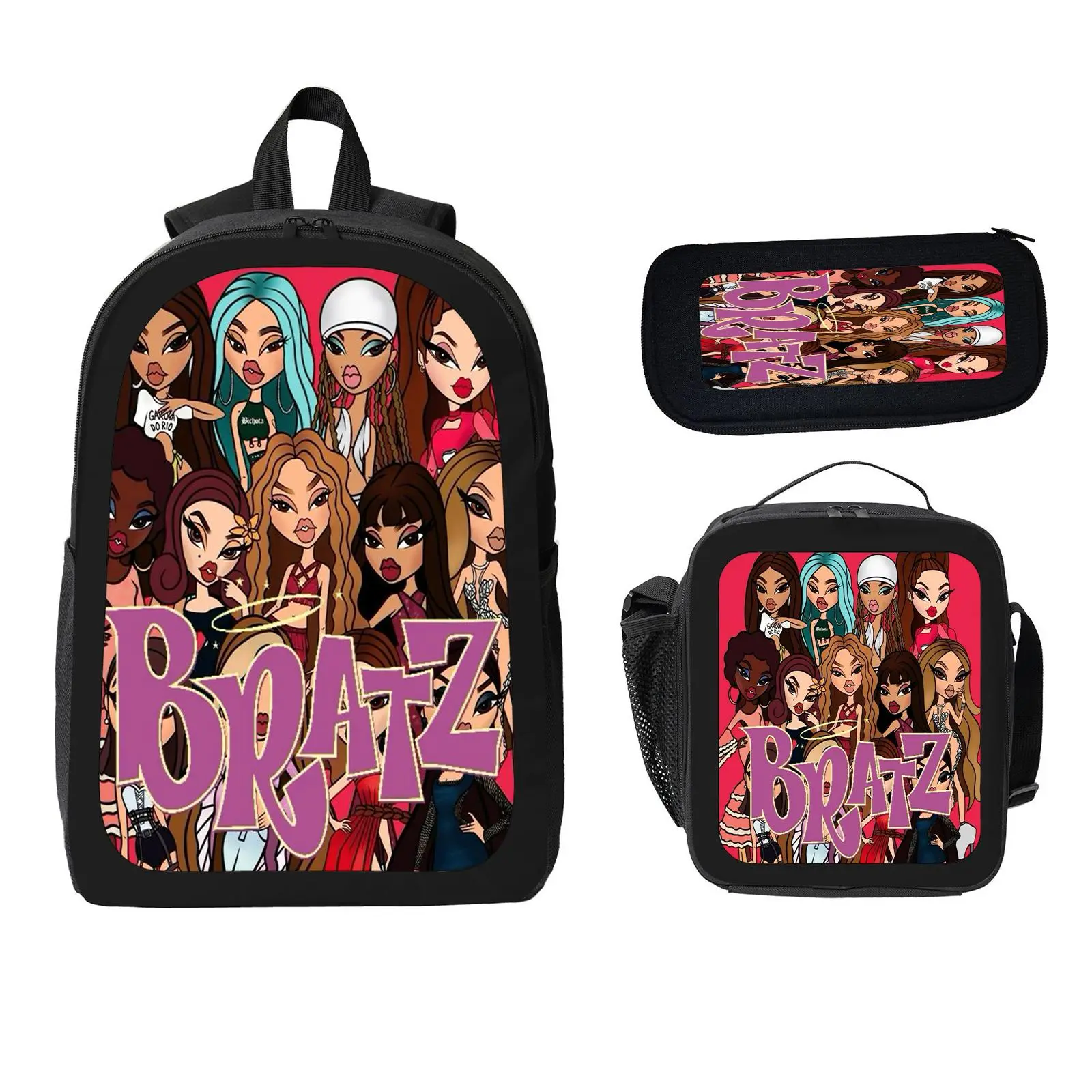 Bratz Annual  3 Pcs School Backpack Set for Boys Girls Kids, Large Capacity Bookbag with Insulated Lunch Bag Pencil Case, Water Resistant Travel Daypack for Elementary Middle School a-1