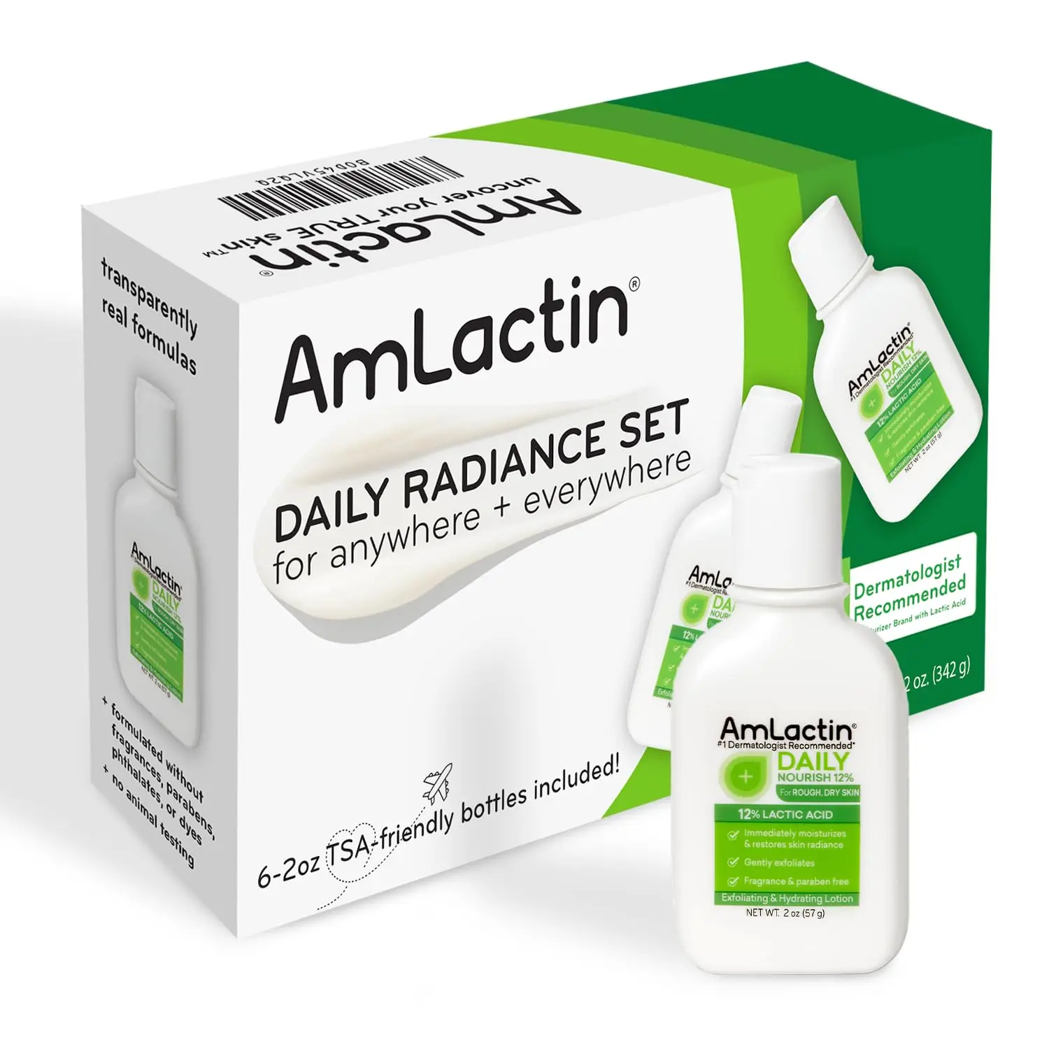 AmLactin Daily Nourish Body Lotion, 12% Lactic Acid, 2 oz, 6-Pack Travel Size | Exfoliates, Moisturizes Dry Skin for Smoother Daily Hydration