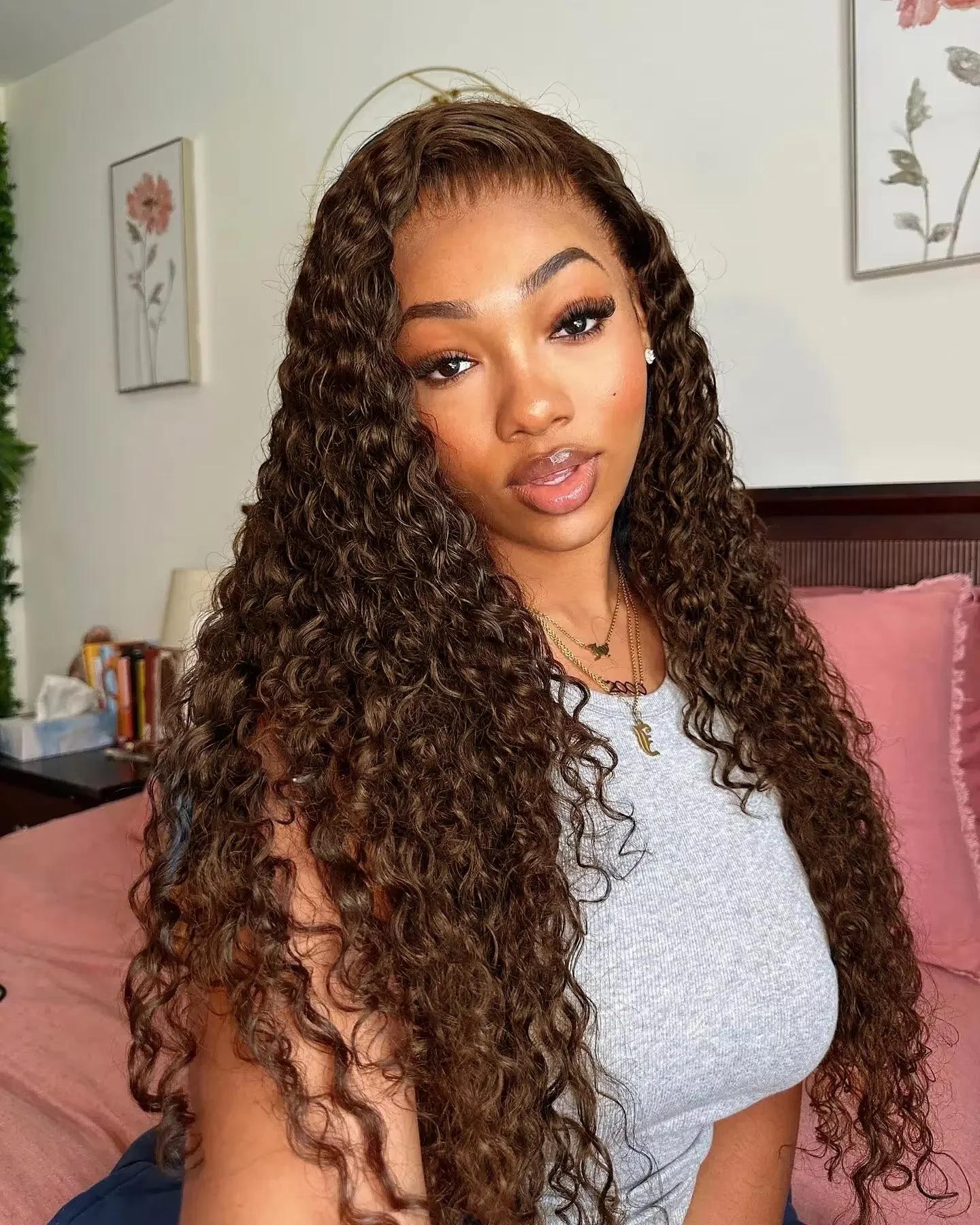 Bling Hair Chocolate Brown Curly 13x4 Lace Front Wig #4 Colored Human Hair Wigs Pre Plucked Deep Wave 13X6 Lace Frontal Wig For Black Women