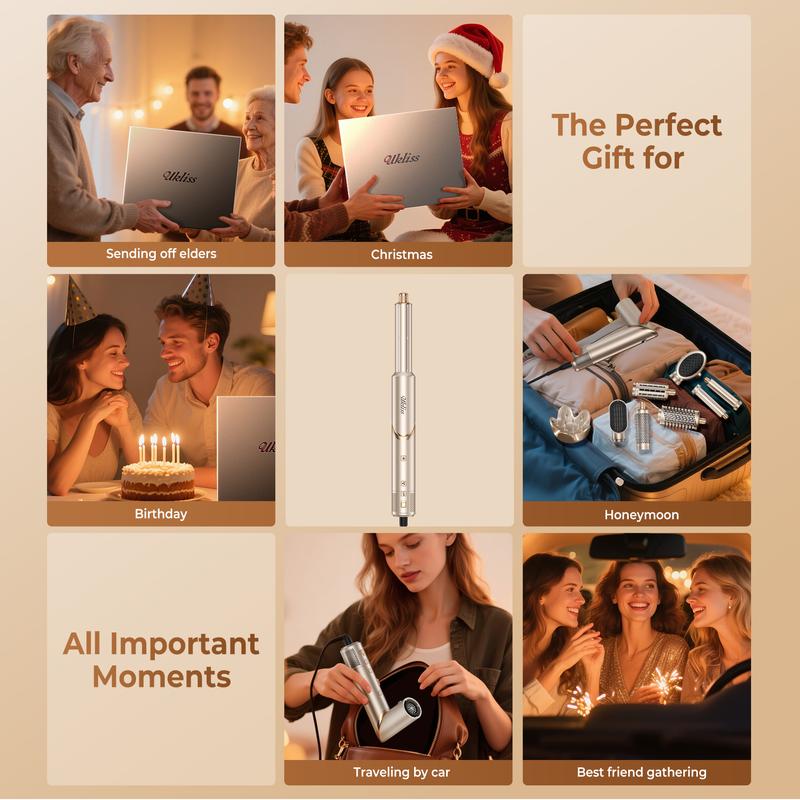 UKLISS FusionAir DIY HairStyler Champagne Gold 90-Day Free Trial & Refund 2 Year Warranty 110000RPM HairCurler + HairStraightener + HairDryer + HotAirBrush + LowTemperatureHairCare + NegativeIons + BlowoutBoost + HairDiffuser + Fluffier