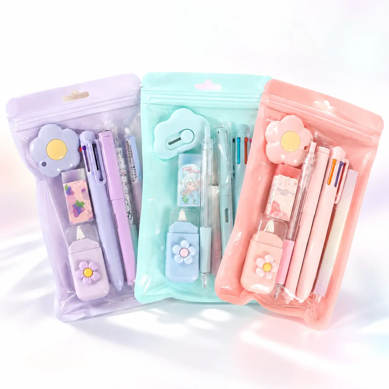 7-Piece Kawaii School Supplies Set for Teenage Girls, Pastel Cute Desk Accessories Kit with Ballpoint Pens, Highlighter, Correction Tape, Ruler, Pencil Sharpener, Back to School Essentials Gift, Cute School Supplies