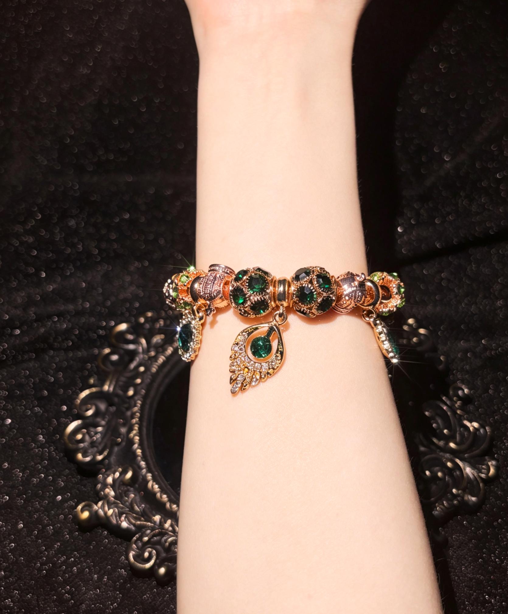Women's Peacock Feather Charm Bracelet - Rose Gold-Tone Chain, Sparkling Green Crystal Beads, Vintage Elegant Costume Jewelry Gift