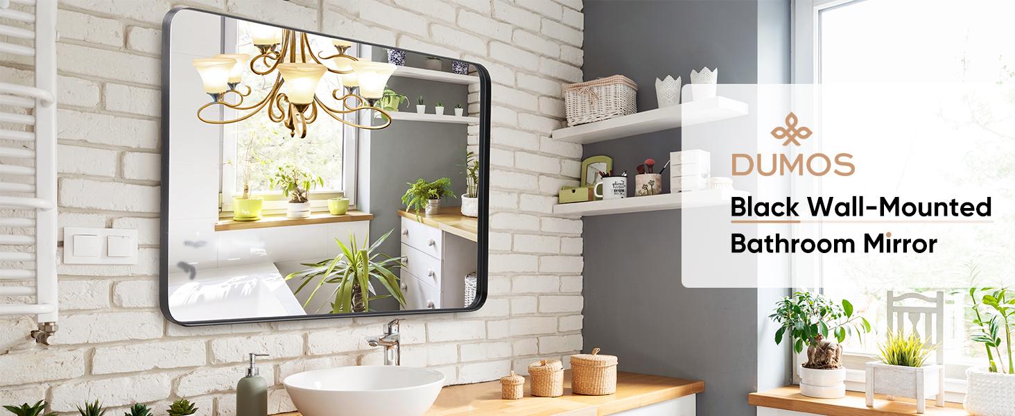 Bathroom Mirror Wall Mirror for Bathroom Black Metal Framed Rounded Corner Rectangle Vanity Mirror, Large Mirrors for Wall, Anti-Rust& Waterproof