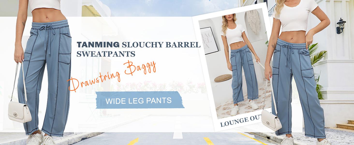 Tanming Women’s Baggy Barrel Pants Wide Leg Lounge Sweatpants with Drawstring Pockets