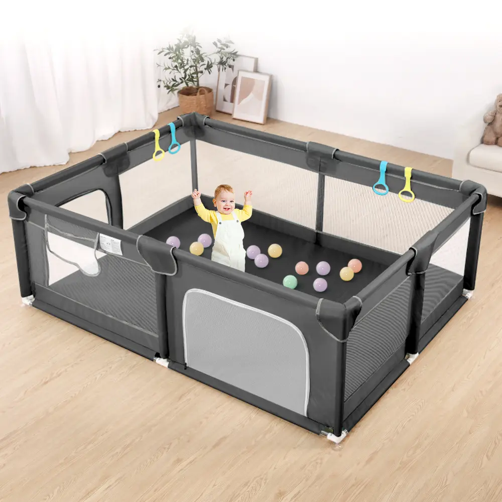 CAVEEN Baby Travel Playpen, 74x50in Extra Large Oxford Portable Activity Center for 0-6 Years, Stable Steel Frame, Tear-Resistant Full Mesh, Zipper Door, Indoor & Outdoor Dark Grey Safety Play Yard (See Baby Every Move)